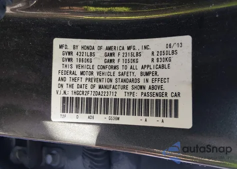 2013 Honda Accord Ex из США, поврежденный, VIN 1HGCR2F72DA223712